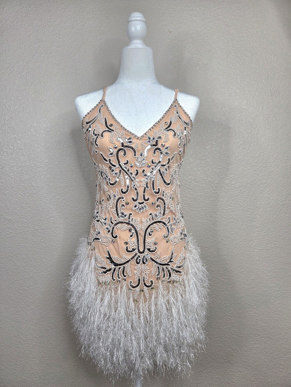Beaded Feather Hem Nude Cocktail Dress